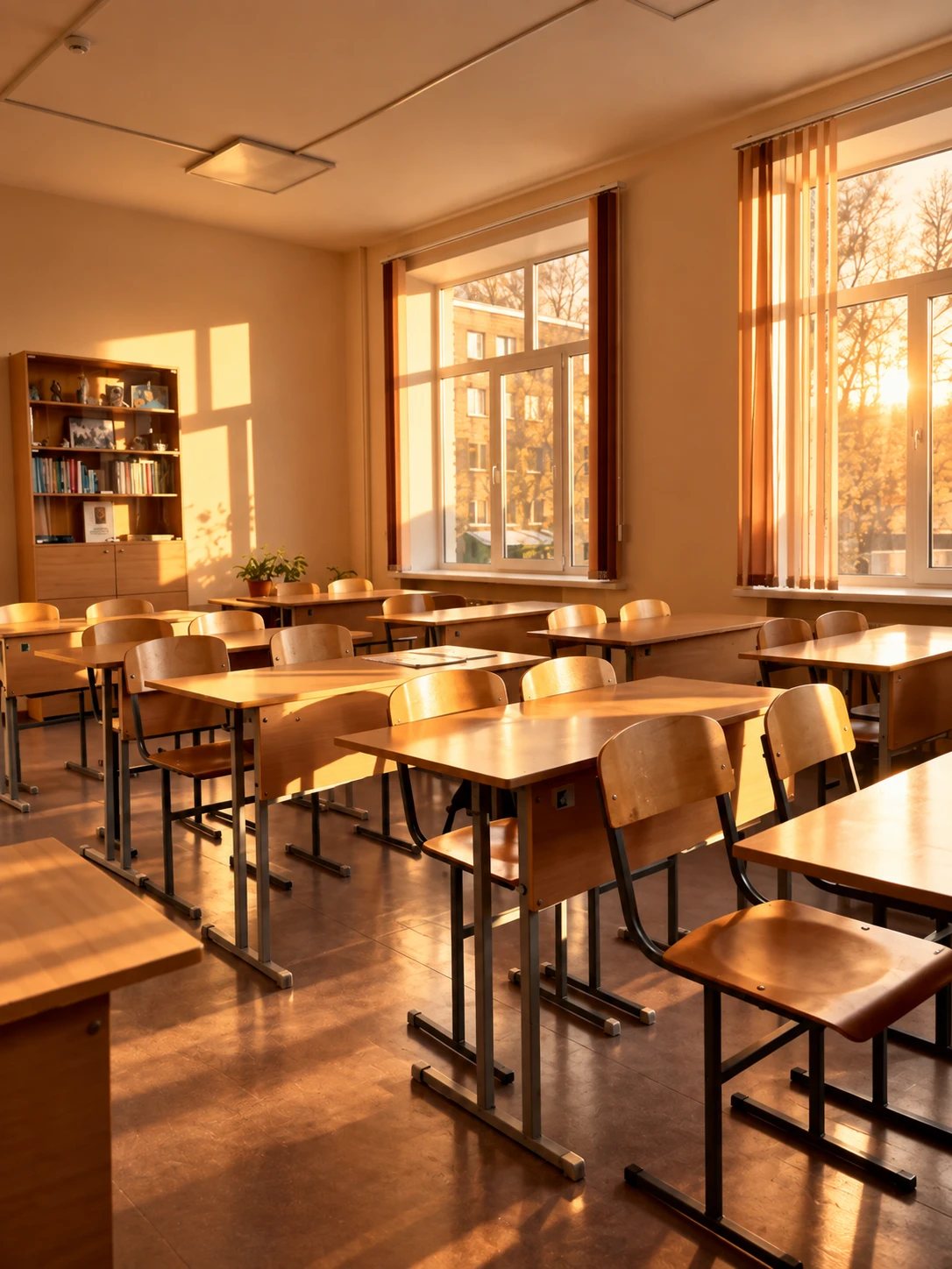 Salle de classe vide, baignée de lumière dorée