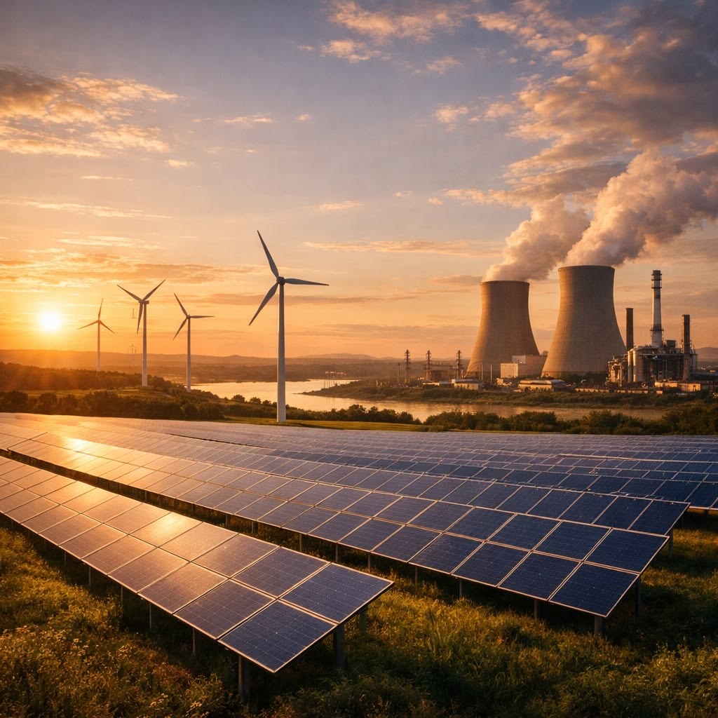 Centrale industrielle avec panneaux solaires et éoliennes au coucher du soleil